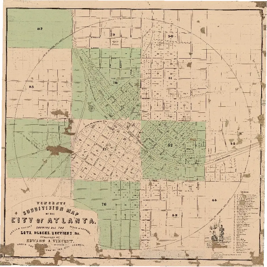 1855 Vincent's Subdivision Map of the City of Atlanta, DeKalb County, Georgia
